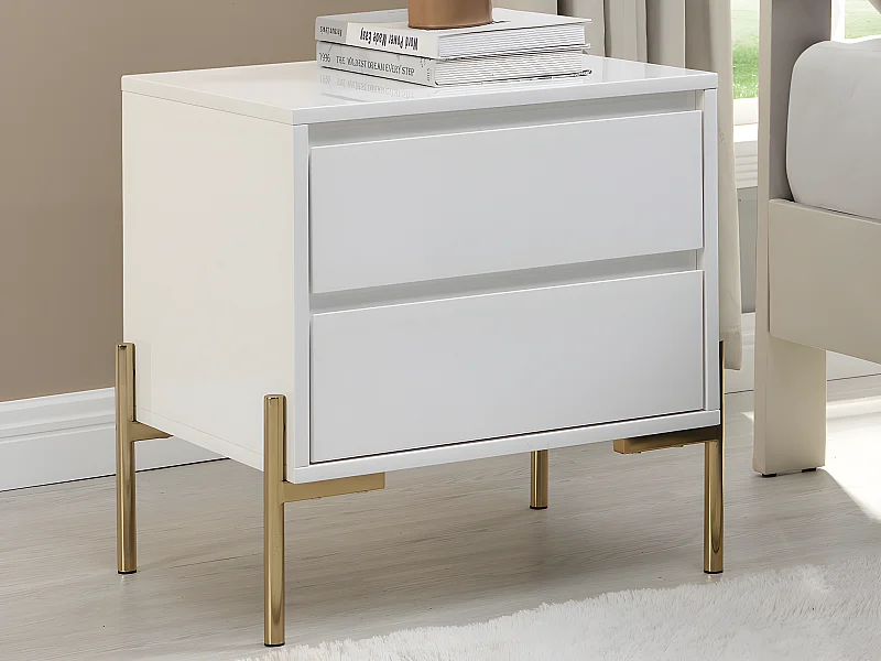 Mesa de cabeceira 2 gavetas MDF e metal lacado a branco e dourado - KORASA