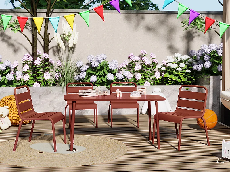 Salle à manger de jardin pour enfants en métal - une table et 4 chaises empilables - Terracotta - POPAYAN de MYLIA