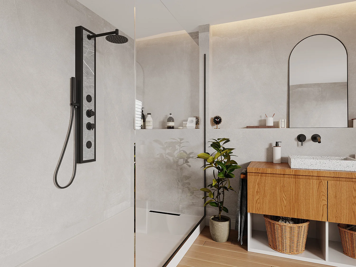 Colonne de douche hydromassante noire avec décor pierre - H127 x L48,5 cm - LETIYA