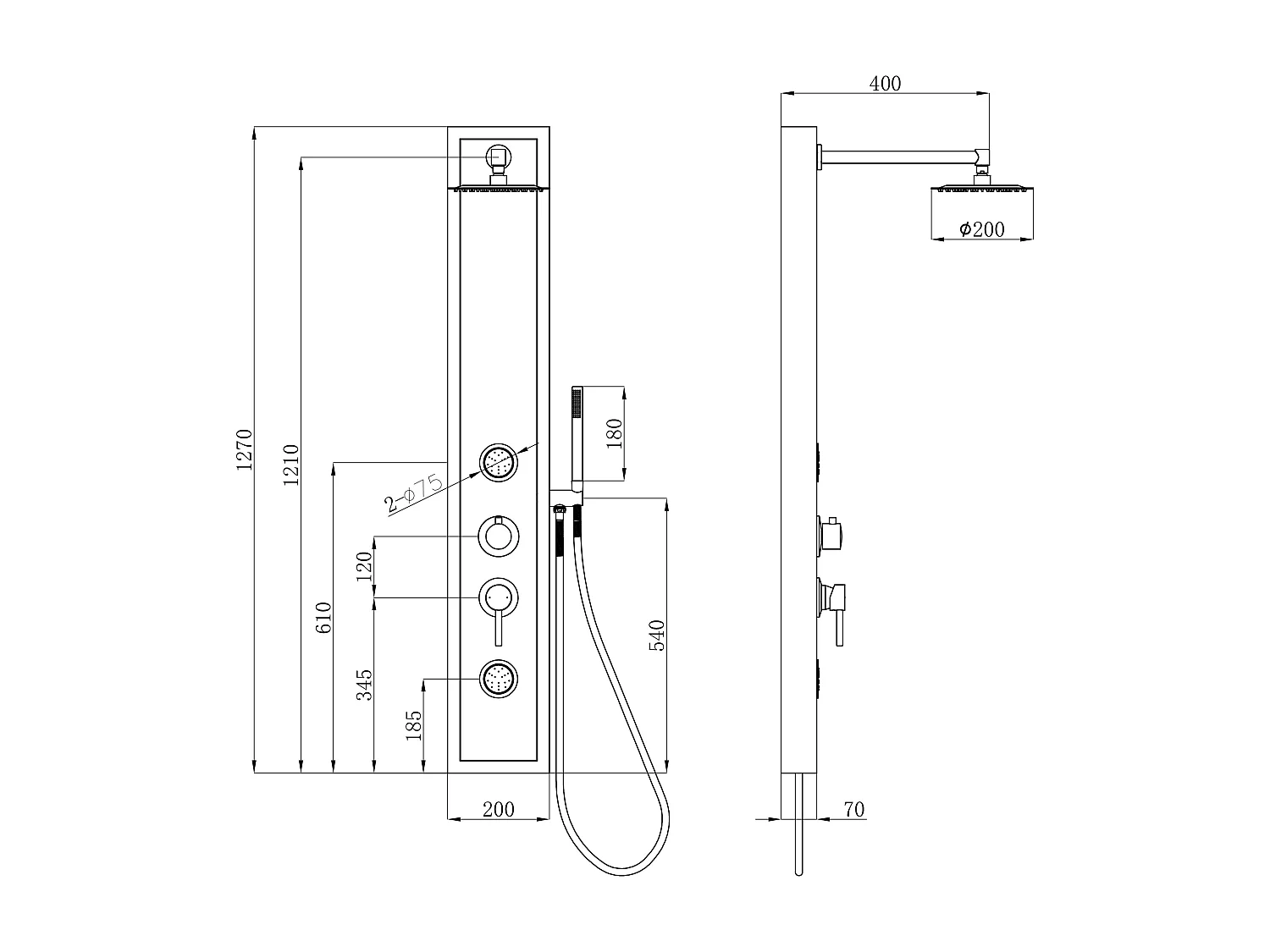 Zwarte douchekolom met massagestralen met stenen decoratie - H127 x L48,5 cm - LETIYA