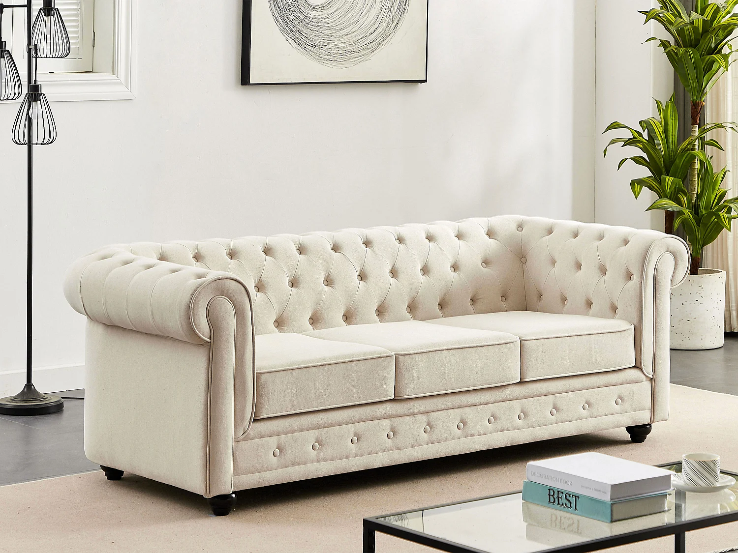 Canapé 3 places en tissu beige CHESTERFIELD