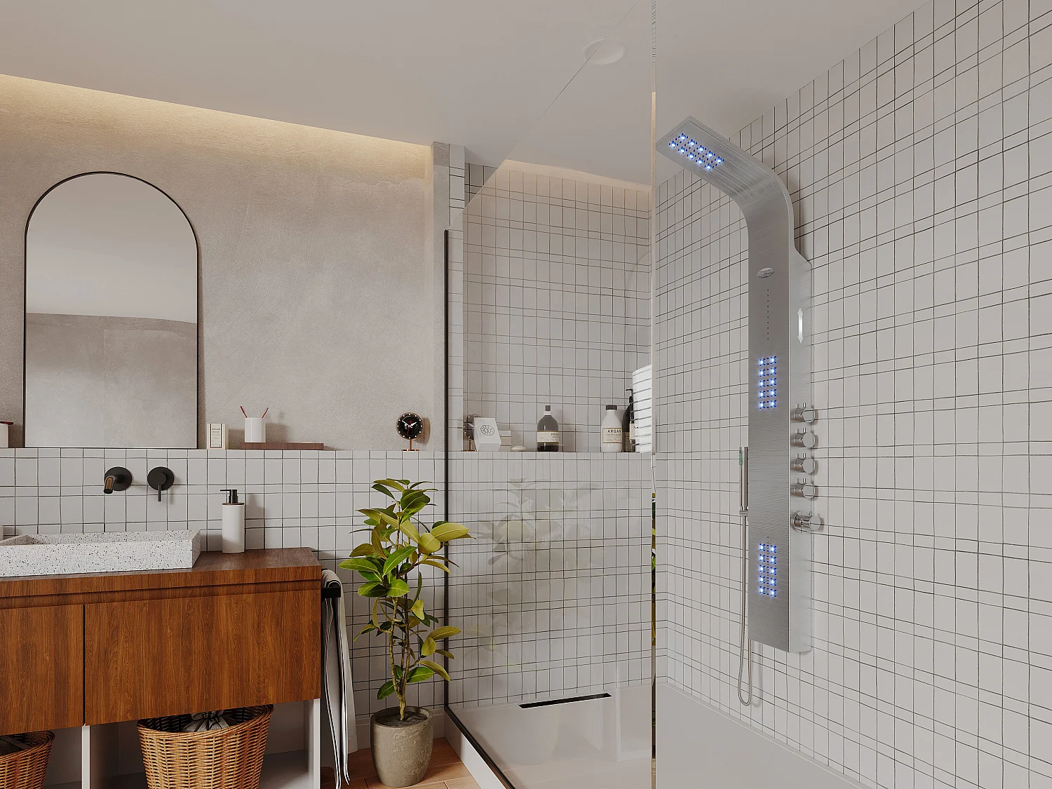 Columna de ducha hidromasaje termostática con LED y bluetooth - Ancho 20 x Alt. 165 cm - Plateado - CHAKRA V