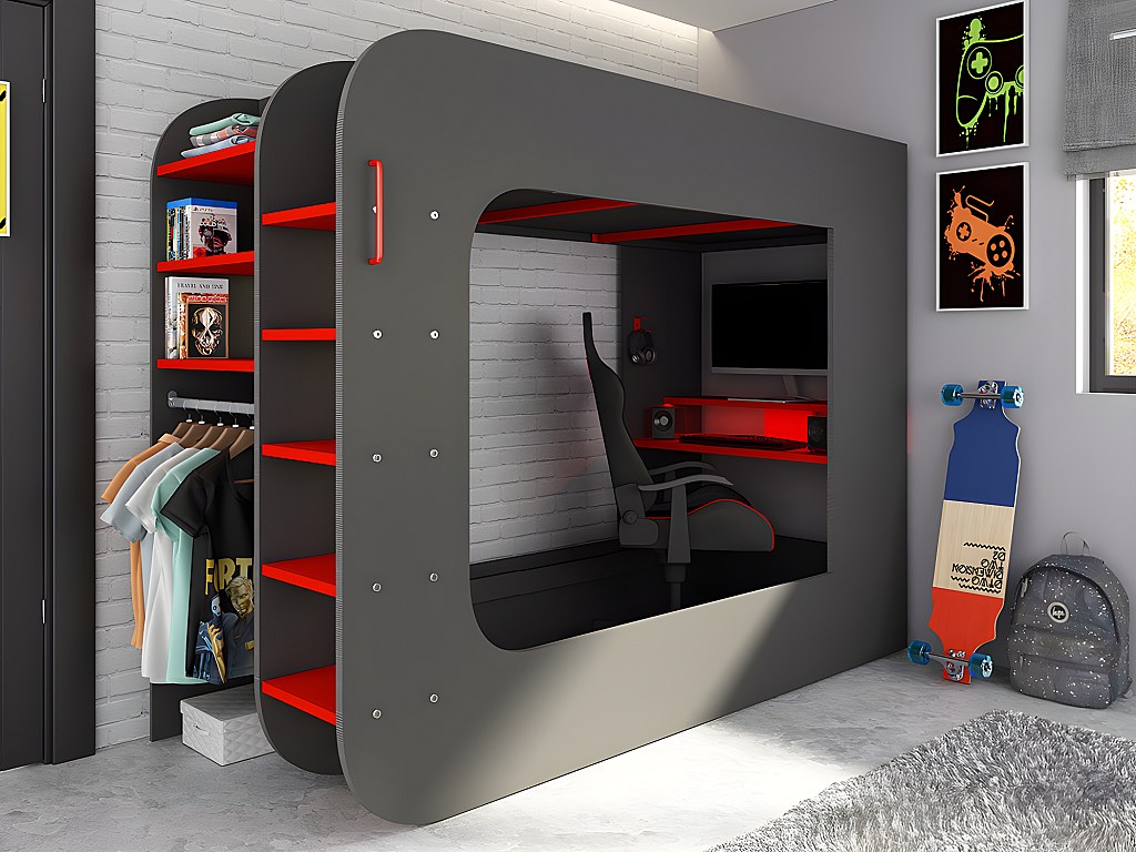 Hochbett mit Gaming-Schreibtisch & Stauraum & Matratze + LEDs - 90 x 200 cm - Anthrazit & Rot - WARRIOR