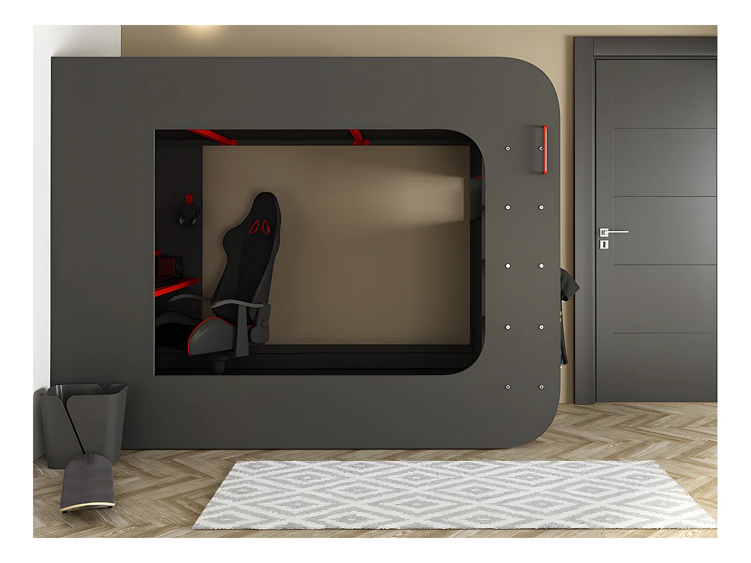 Litera gamer 90 x 200 cm - Con escritorio y compartimentos - Con LEDs - Antracita y rojo + colchón - WARRIOR