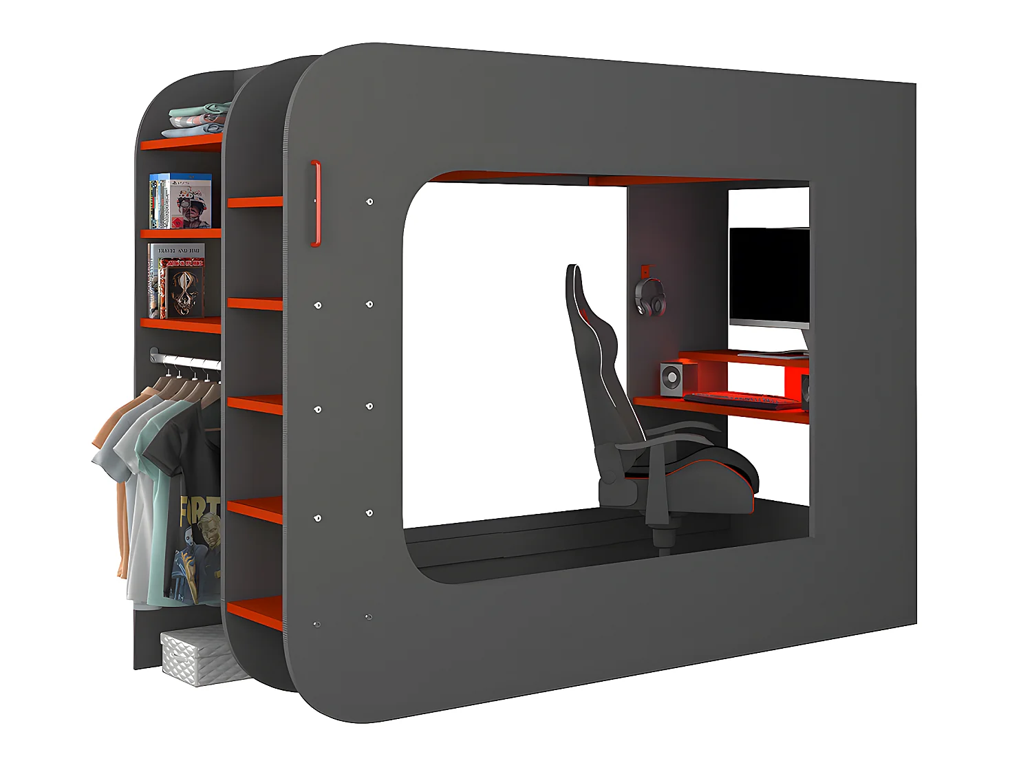 Litera gamer 90 x 200 cm - Con escritorio y compartimentos - Con LEDs - Antracita y rojo + colchón - WARRIOR