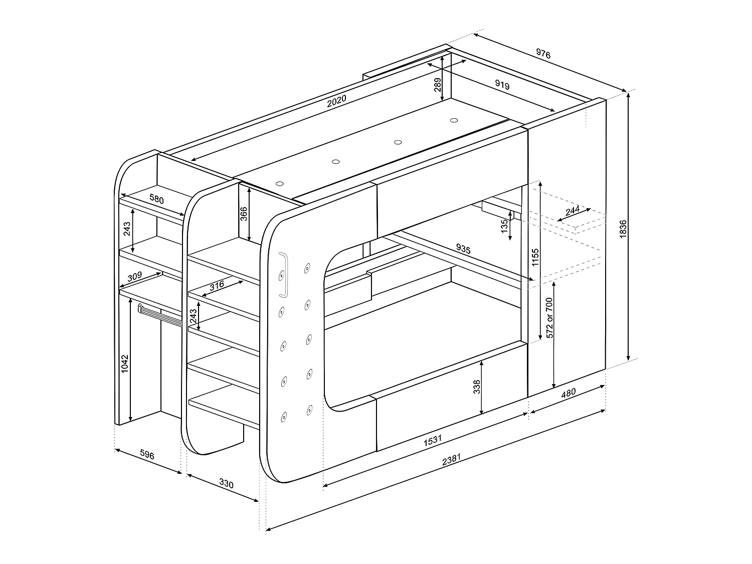 Litera gamer 90 x 200 cm - Con escritorio y compartimentos - Con LEDs - Antracita y rojo + colchón - WARRIOR