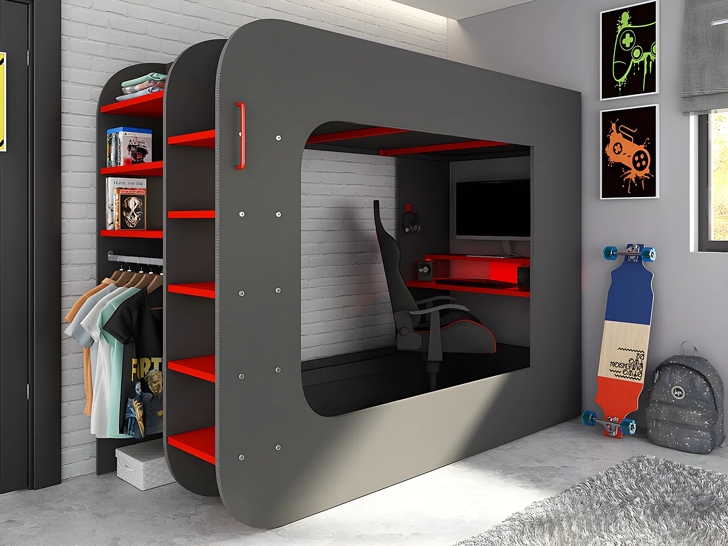Hochbett mit Gaming-Schreibtisch & Stauraum & Matratze + LEDs - 90 x 200 cm - Anthrazit & Rot - WARRIOR