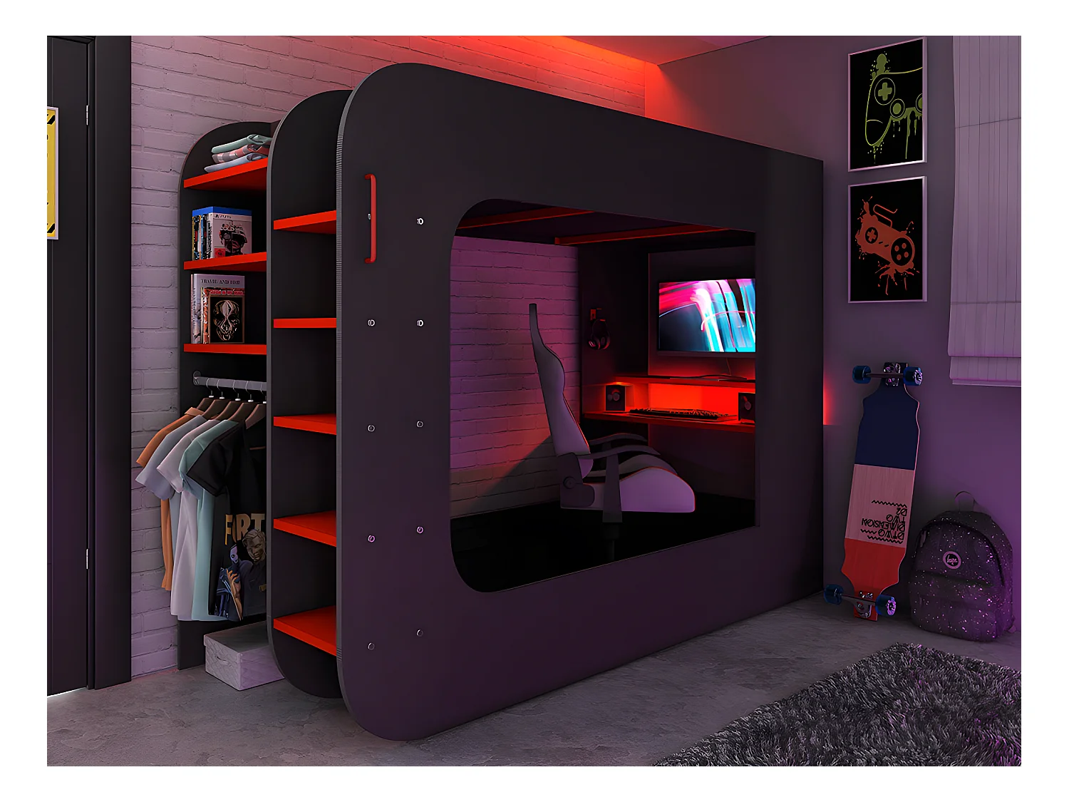 Łóżko na antresoli gamer 90 x 200 cm - Z biurkiem i ze skrzynią  - Z diodami LED - Kolor antracytowy i czerwony + materac - WARRIOR