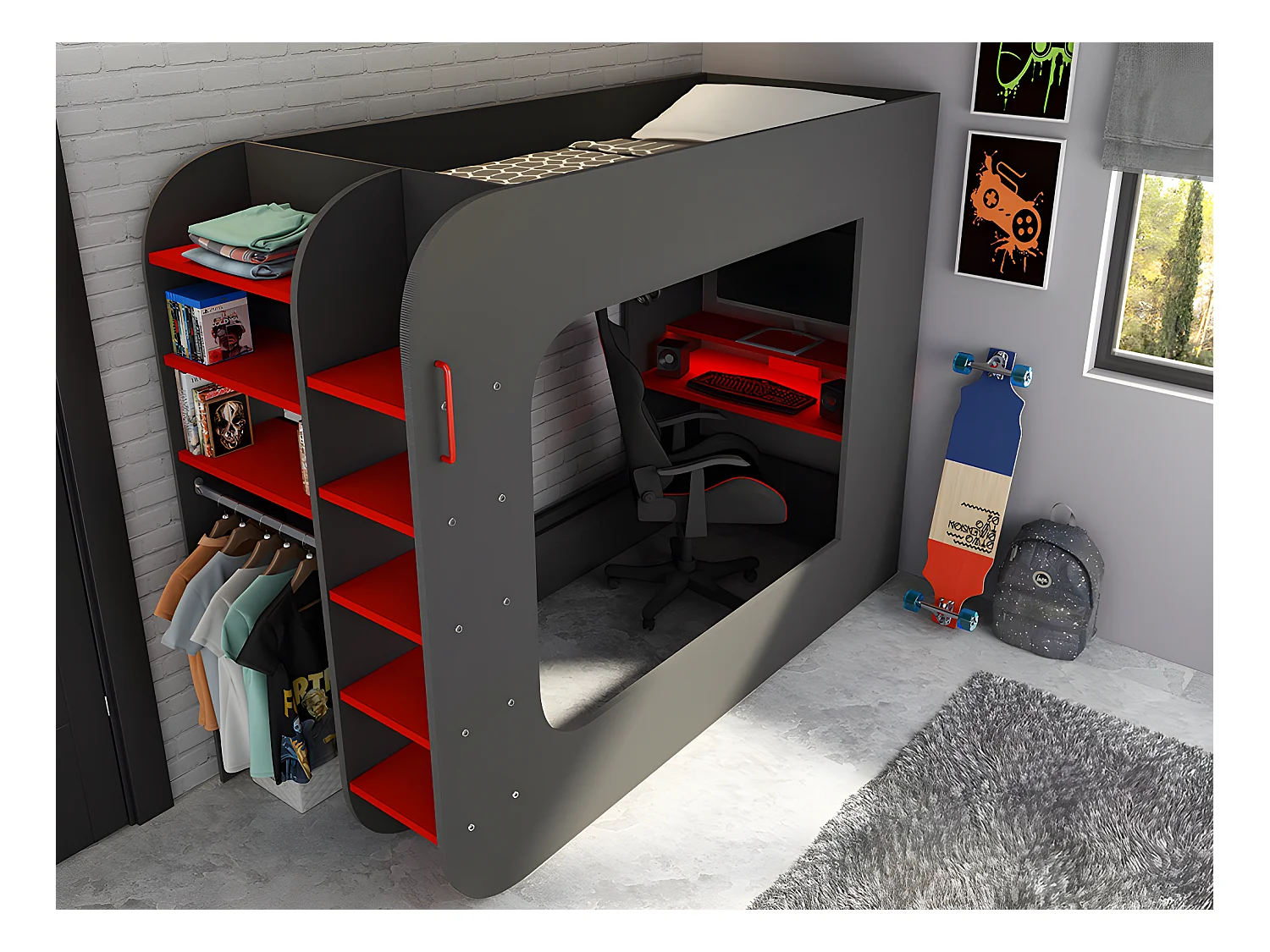 Łóżko na antresoli gamer 90 x 200 cm - Z biurkiem i ze skrzynią  - Z diodami LED - Kolor antracytowy i czerwony + materac - WARRIOR