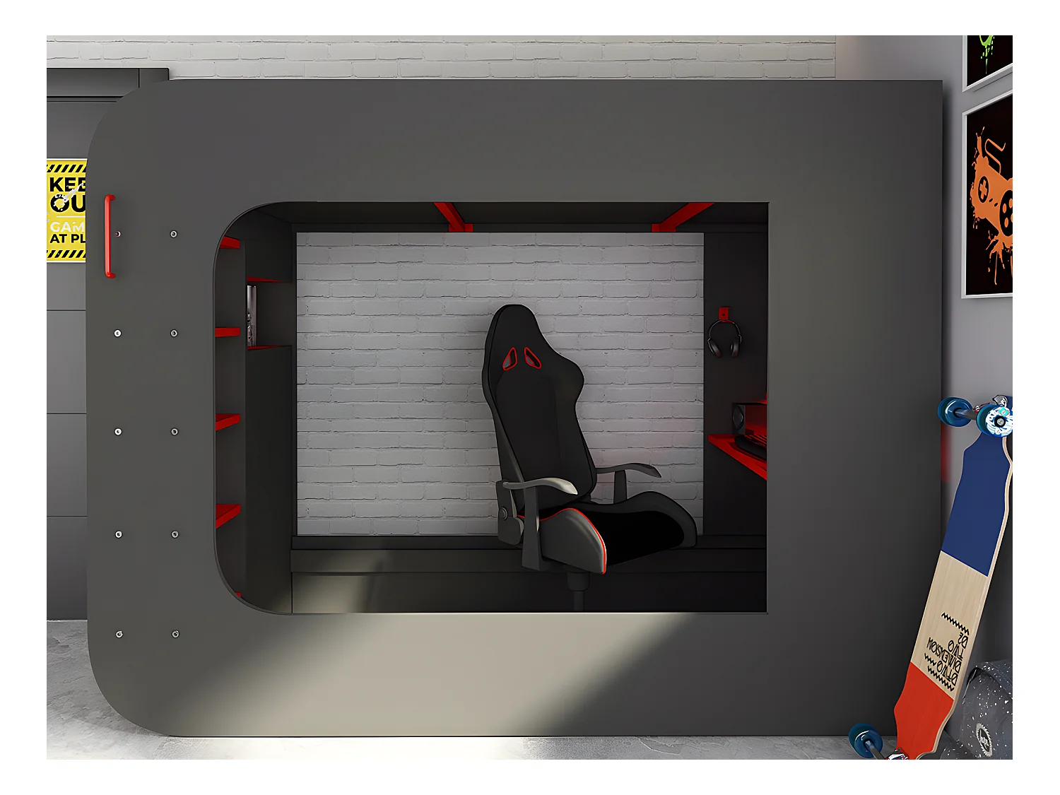 Łóżko na antresoli gamer 90 x 200 cm - Z biurkiem i ze skrzynią  - Z diodami LED - Kolor antracytowy i czerwony + materac - WARRIOR