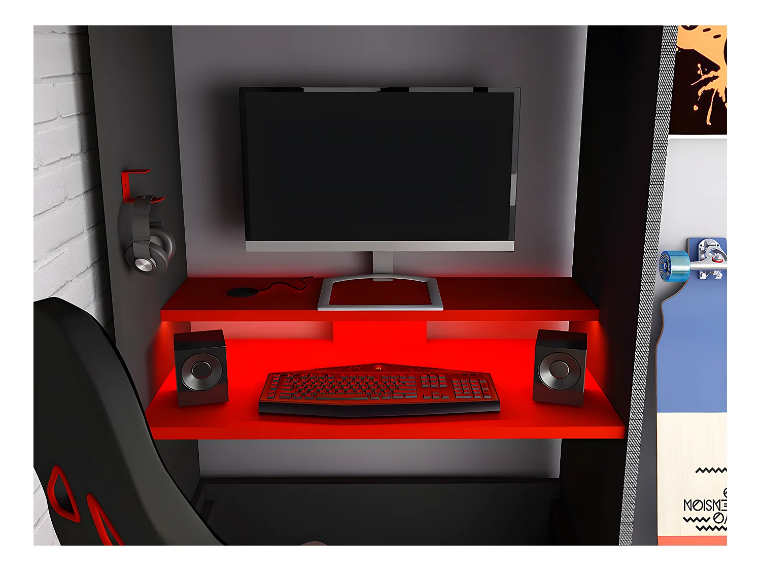 Łóżko na antresoli gamer 90 x 200 cm - Z biurkiem i ze skrzynią  - Z diodami LED - Kolor antracytowy i czerwony + materac - WARRIOR
