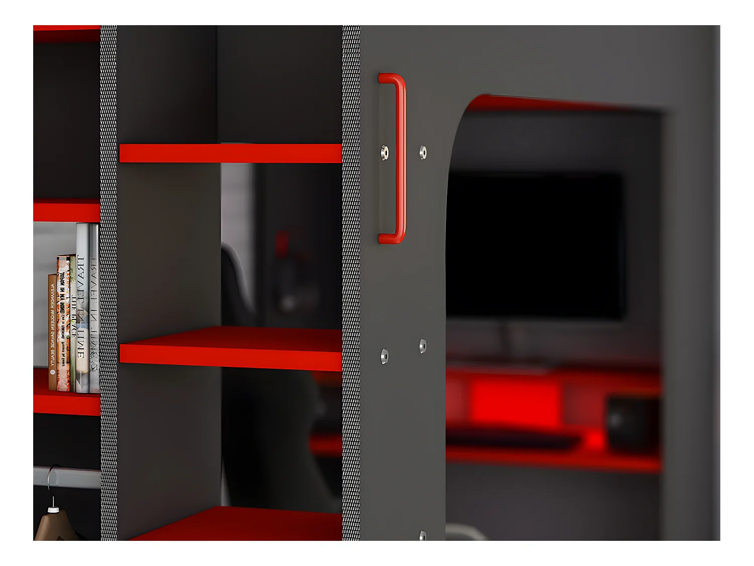 Łóżko na antresoli gamer 90 x 200 cm - Z biurkiem i ze skrzynią  - Z diodami LED - Kolor antracytowy i czerwony + materac - WARRIOR
