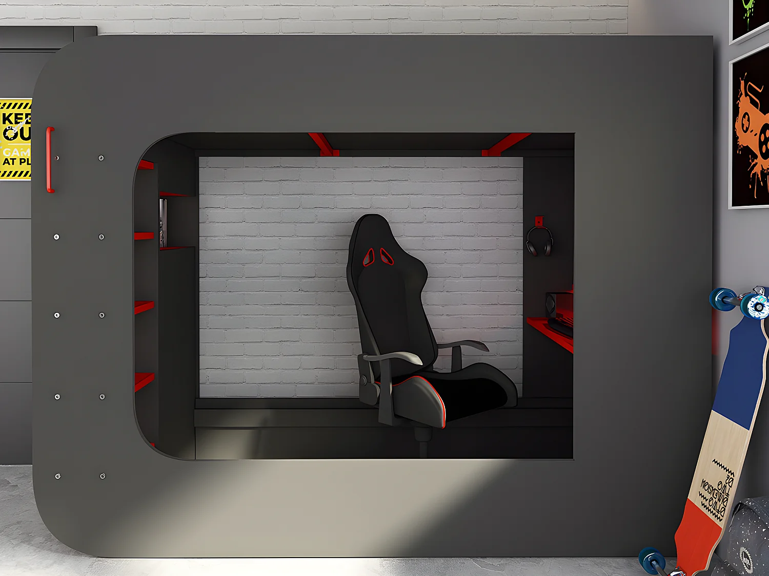 Lit mezzanine gamer 90 x 200 cm - Avec bureau et rangements - Avec LEDs - Anthracite et rouge + matelas - WARRIOR