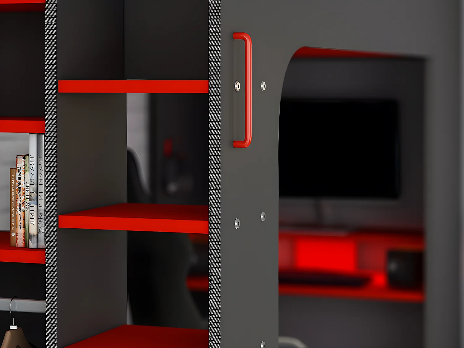 Lit mezzanine gamer 90 x 200 cm - Avec bureau et rangements - Avec LEDs - Anthracite et rouge + matelas - WARRIOR