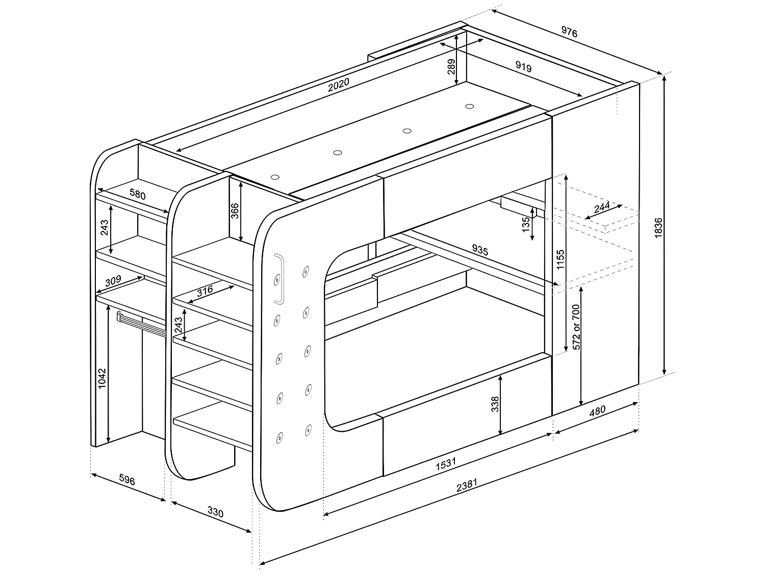 Lit mezzanine gamer 90 x 200 cm - Avec bureau et rangements - Avec LEDs - Anthracite et rouge + matelas - WARRIOR