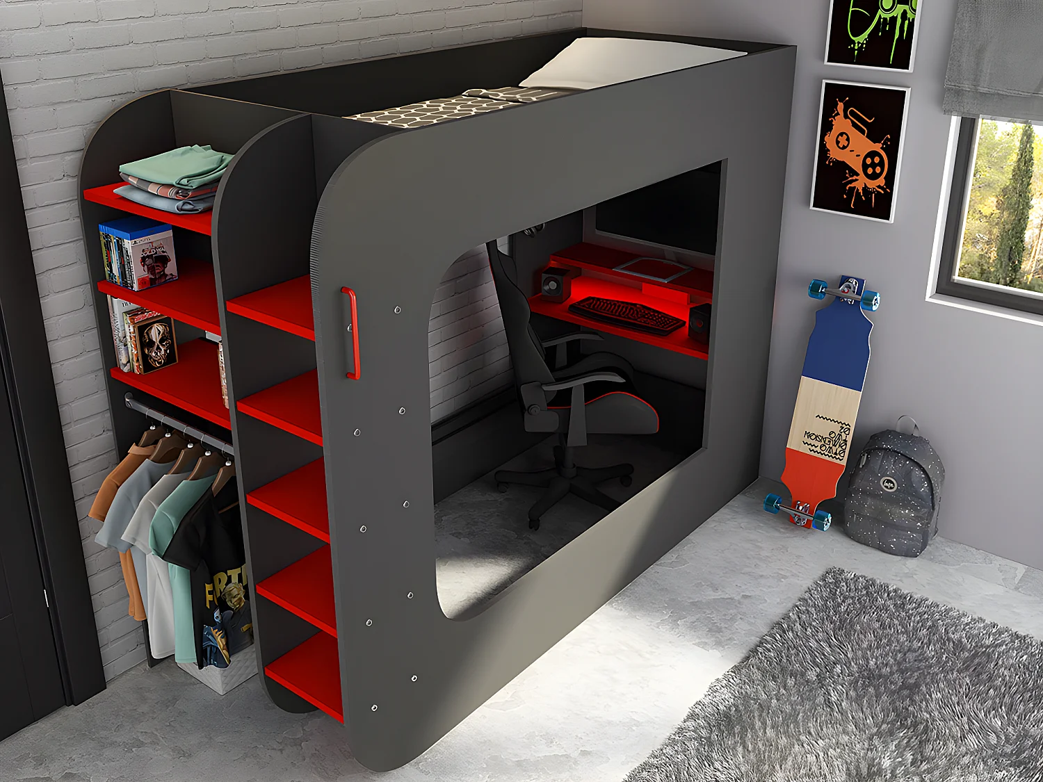 Lit mezzanine gamer 90 x 200 cm - Avec bureau et rangements - Avec LEDs - Anthracite et rouge + matelas - WARRIOR