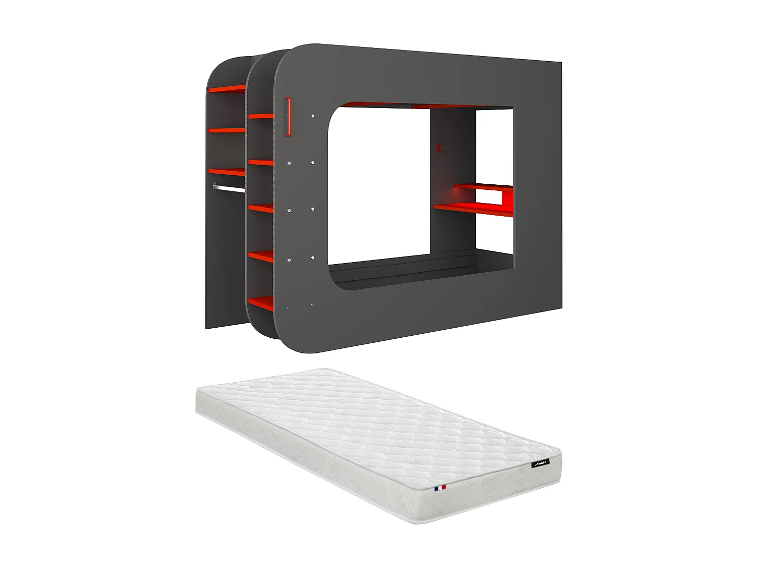 Lit mezzanine gamer 90 x 200 cm - Avec bureau et rangements - Avec LEDs - Anthracite et rouge + matelas - WARRIOR
