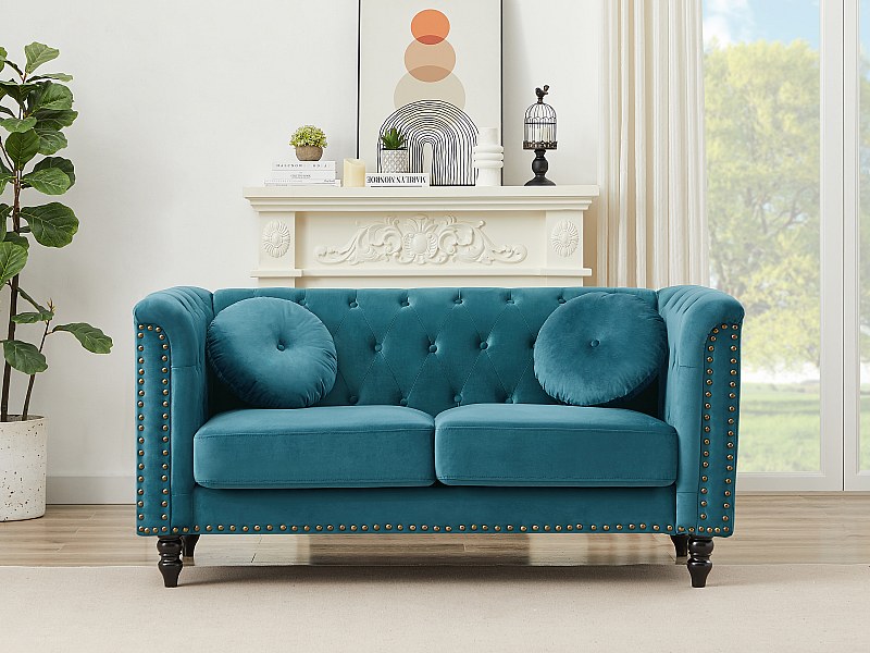 Sofá de 2 lugares em veludo azul-esverdeado estilo charme TURNER