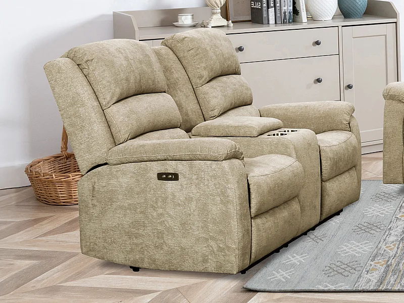 Canapé 2 places relax électrique en tissu taupe avec tablette NEVERS