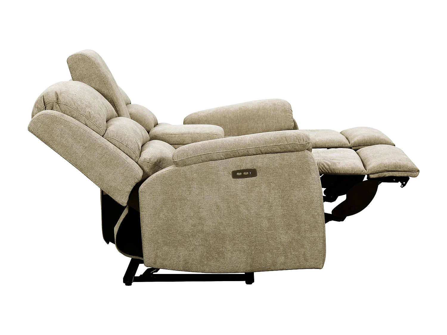 Canapé 2 places relax électrique en tissu taupe avec tablette NEVERS