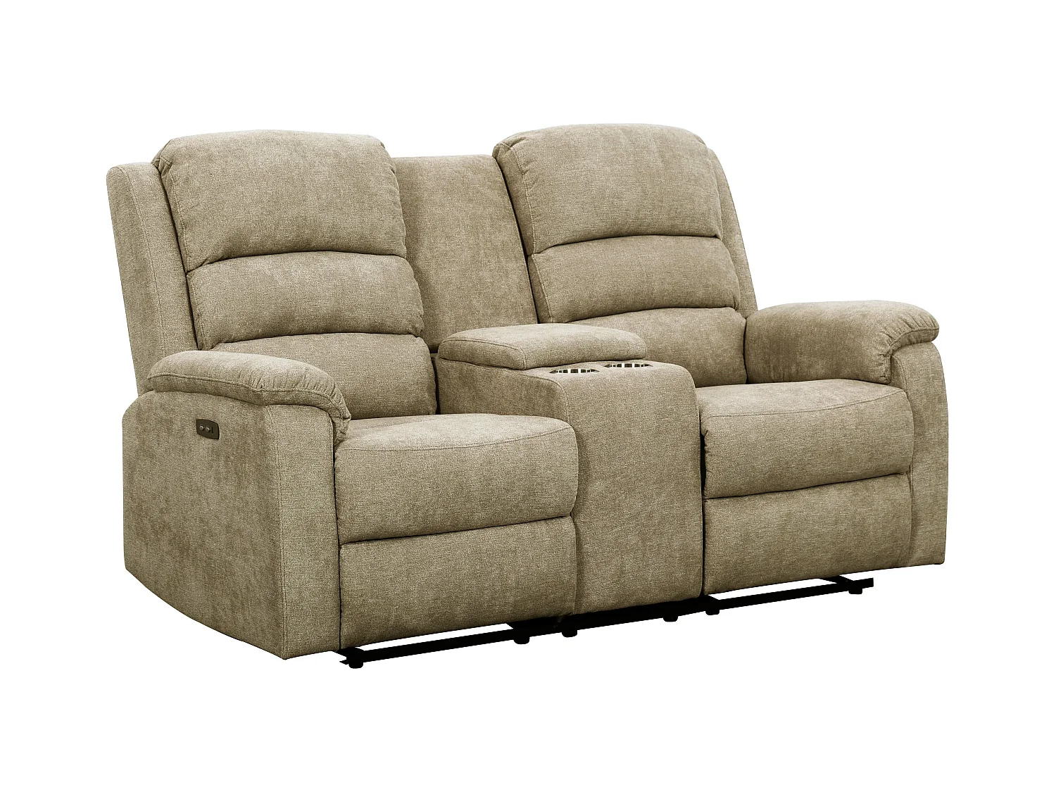 Canapé 2 places relax électrique en tissu taupe avec tablette NEVERS