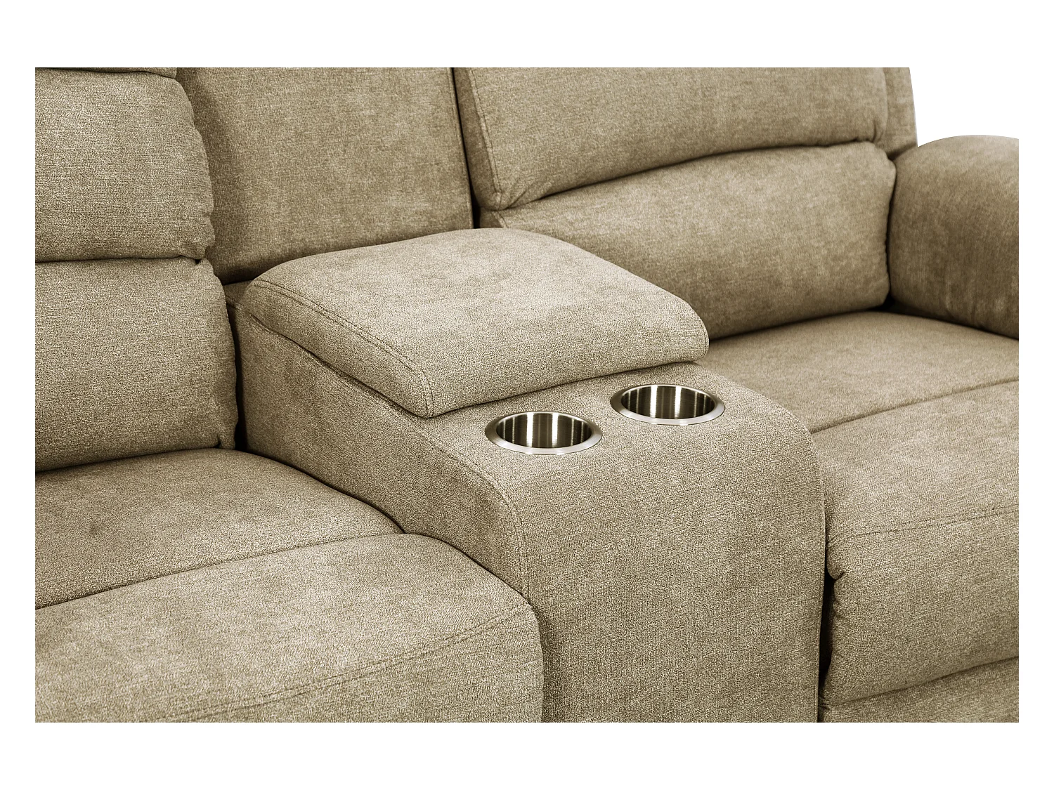 Canapé 2 places relax électrique en tissu taupe avec tablette NEVERS