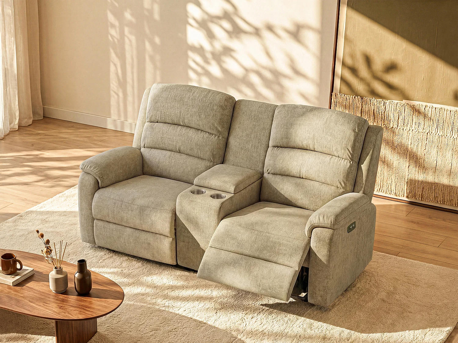 2-seters elektrisk reclinersofa i taupe stoff med bord NEVERS