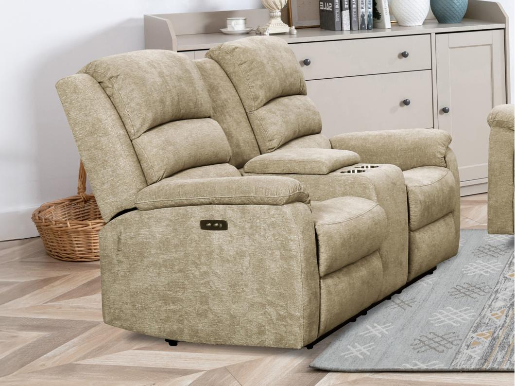 Canapé 2 places relax électrique en tissu taupe avec tablette NEVERS