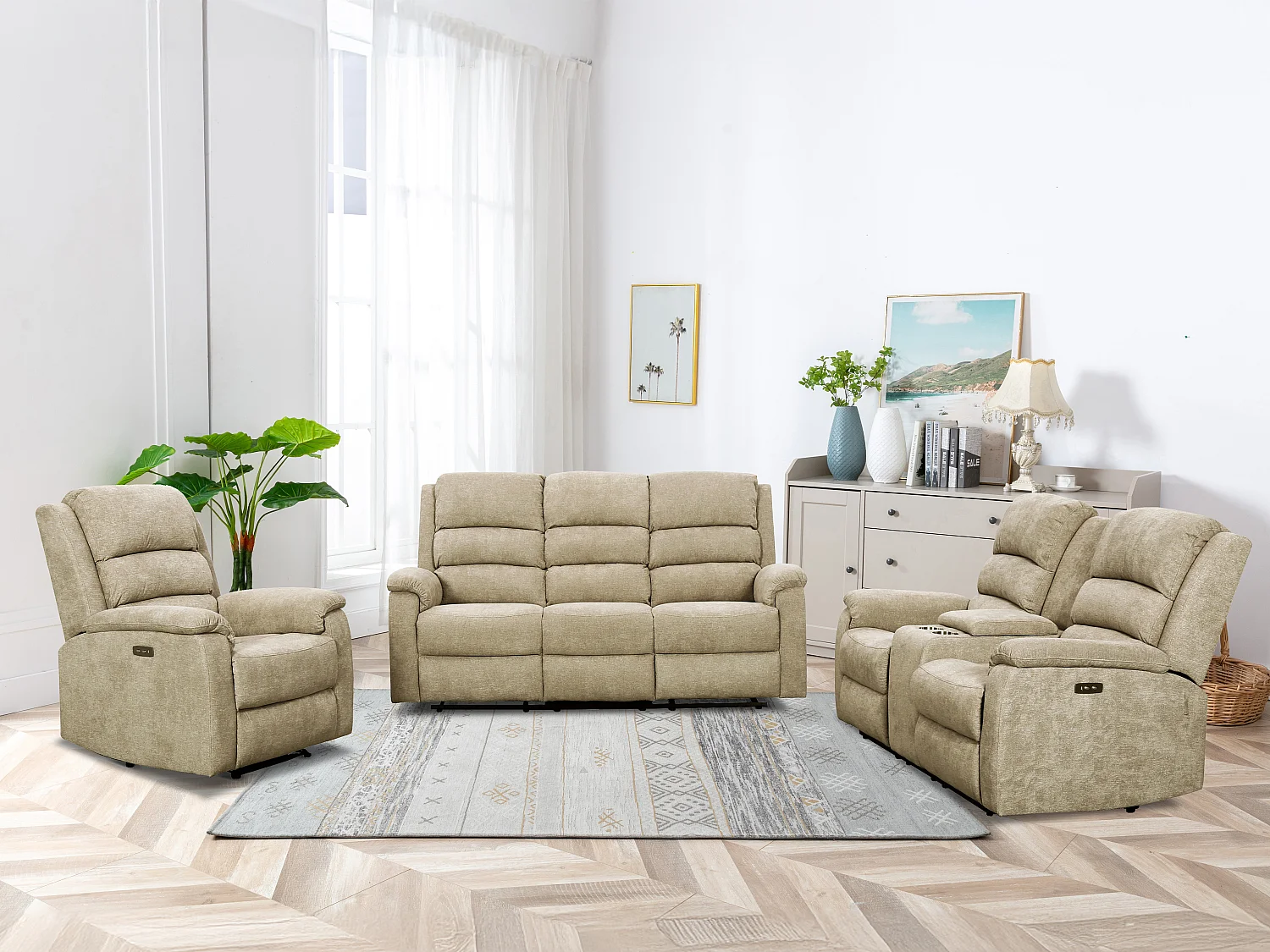 Canapé 3 places relax électrique en tissu taupe avec tablette NEVERS