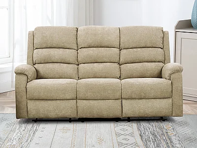 Elektrische relax-driezitsbank van taupe stof met plankje NEVERS