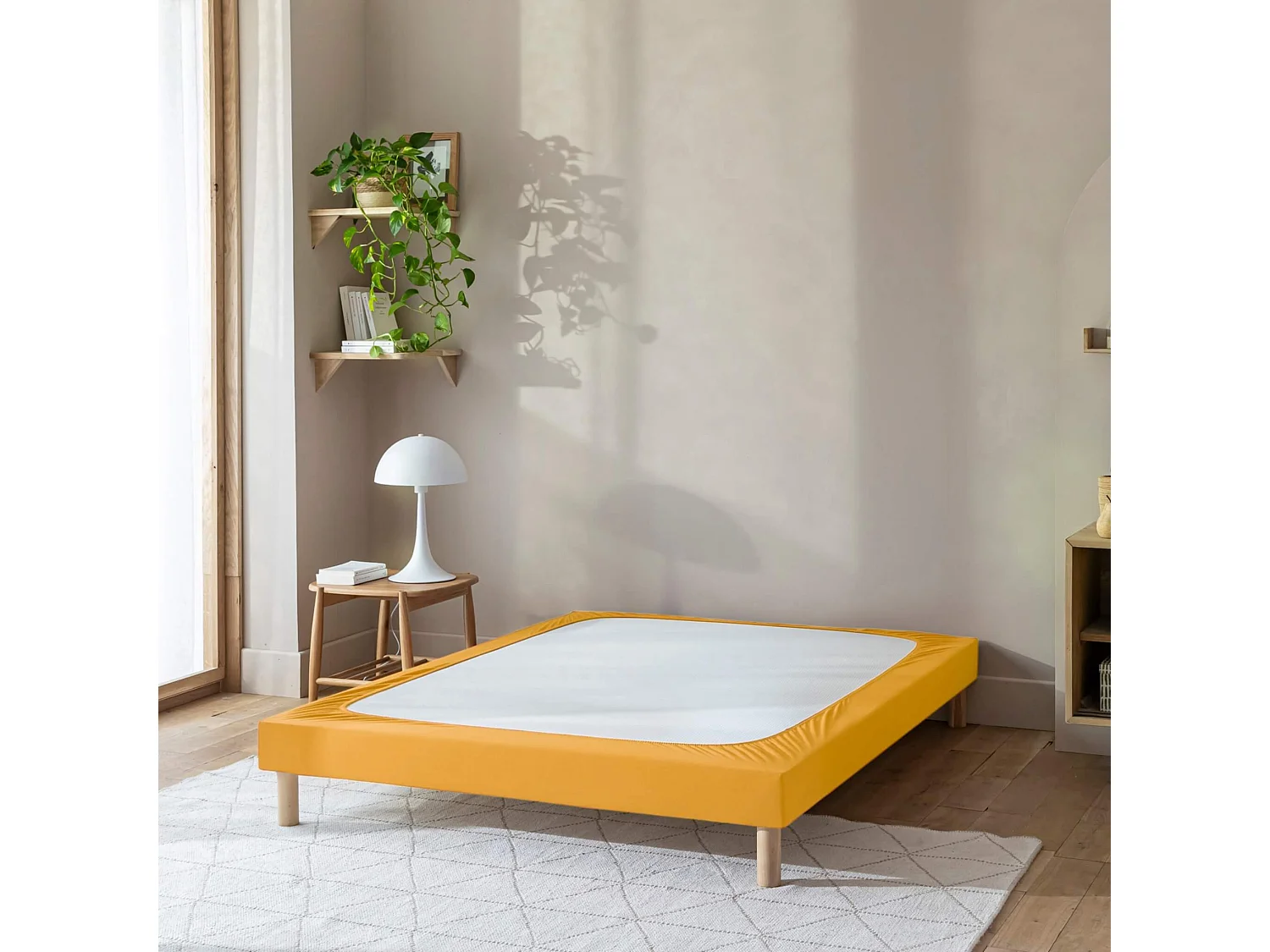 Cache-sommier coton jersey jaune moutarde 130x200