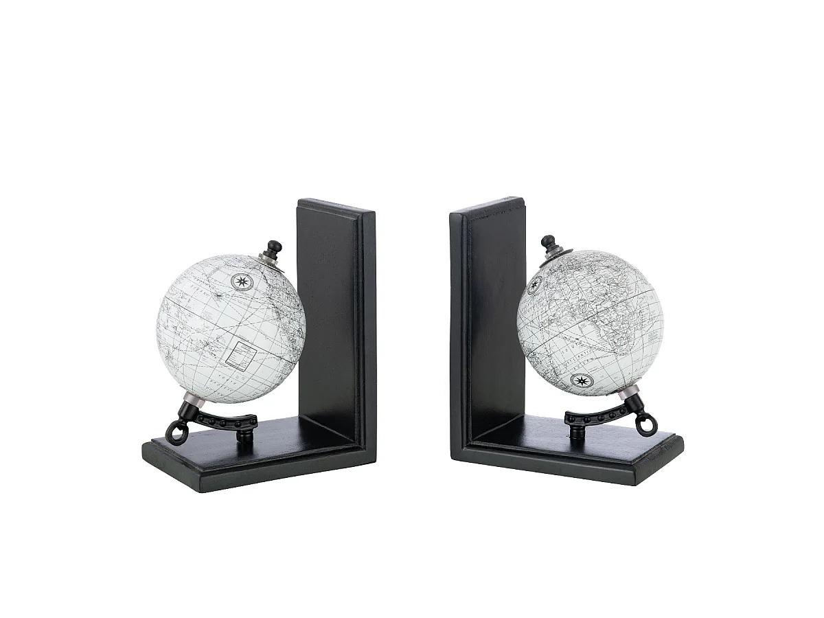 Lot de 2 Serre-Livres en Bois "Globe" 18cm Noir & Gris