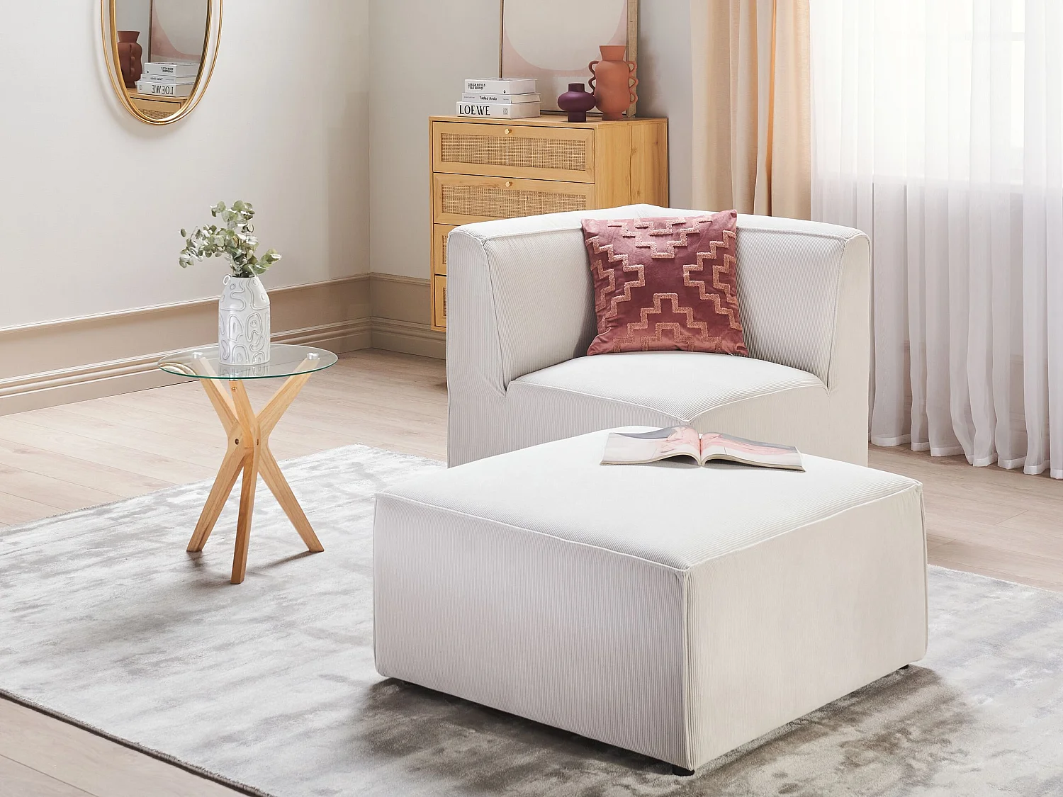 Moderne Ottomane Stoffbezug Cord weiß 1-Sitzer Pouf für Modulsofa Lemvig