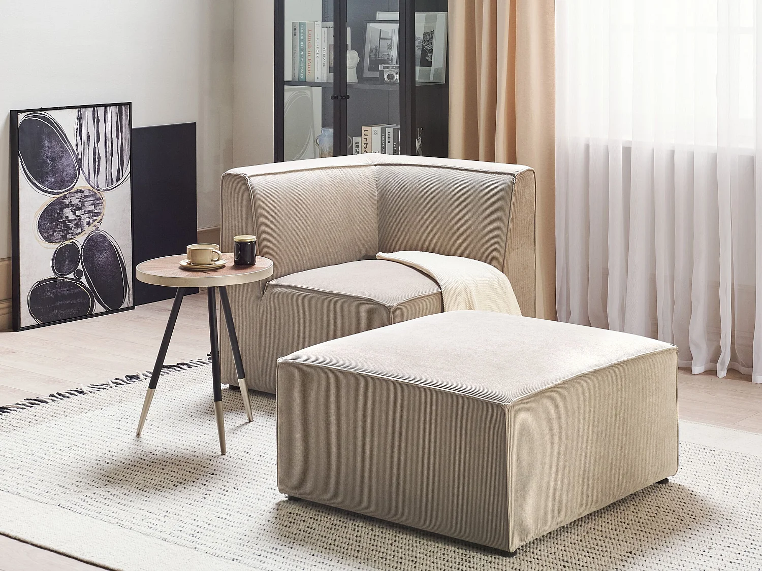 Moderne Ottomane Stoffbezug Cord beige taupe 1-Sitzer Pouf für Modulsofa Lemvig