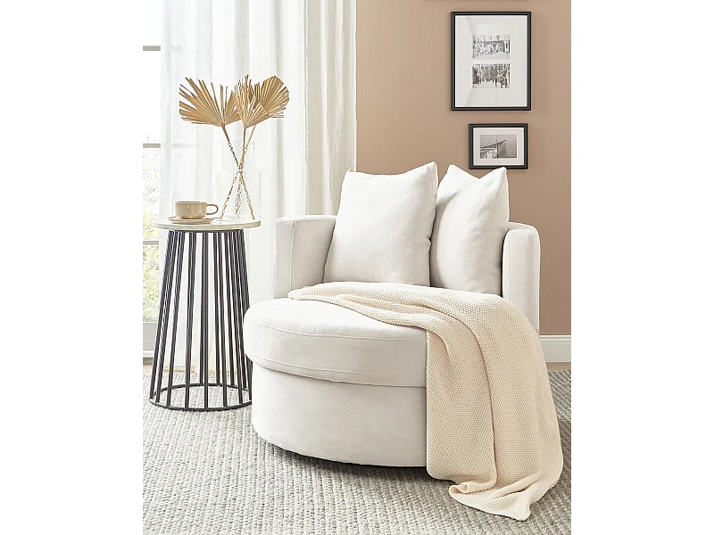 Sessel Stoff beige rund mit Drehfuntion 2 Kissen Metallgestell modern Dalby