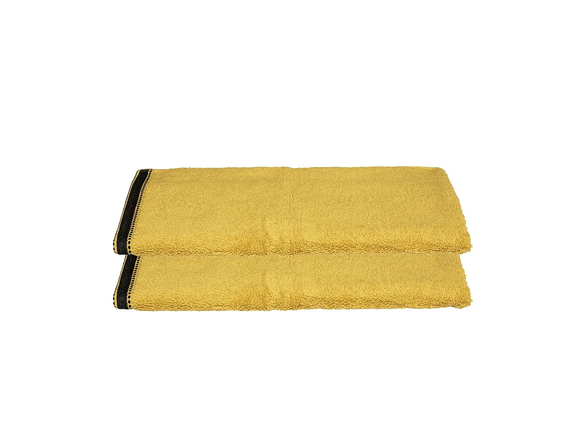 Lot de 2 Serviettes de toilette en Coton Jaune Ocre tissu éponge 50 x 90 cm