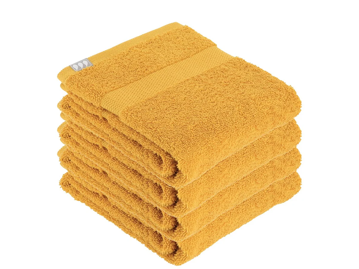 Lot de 4 Serviettes de toilette tissu éponge 100% Coton Jaune moutarde 50 x 90 cm
