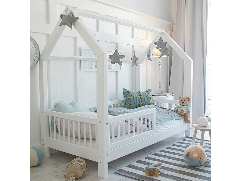 Lit cabane 90x200 barrière et sommier inclus pieds 10 cm Sofia Blanc