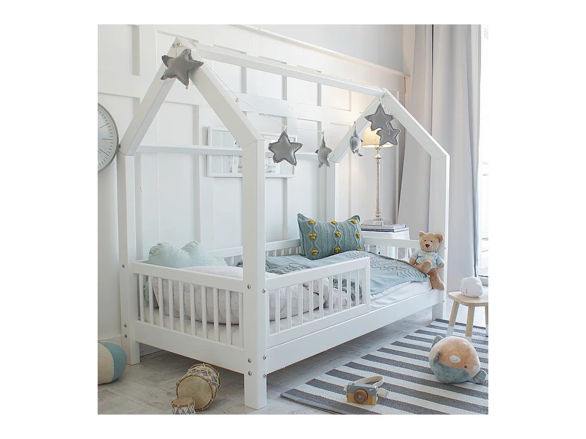 Lit cabane 90x200 barrière et sommier inclus pieds 10 cm Sofia Blanc