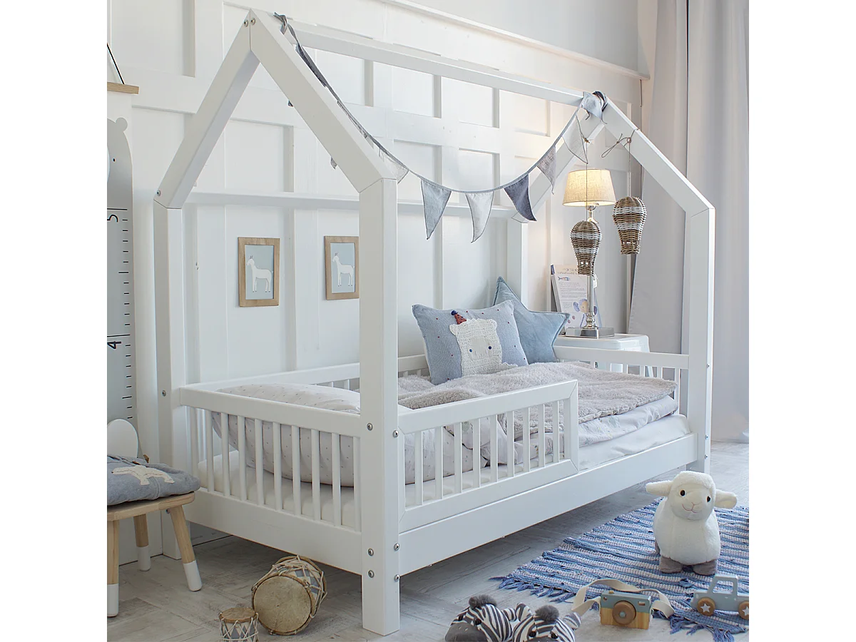 Lit cabane 90x200 barrière et sommier inclus pieds 10 cm Sofia Blanc