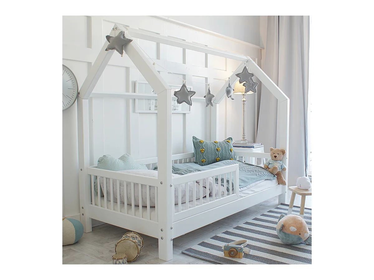 Lit cabane 90x190 barrière et sommier inclus pieds 10 cm Sofia Blanc