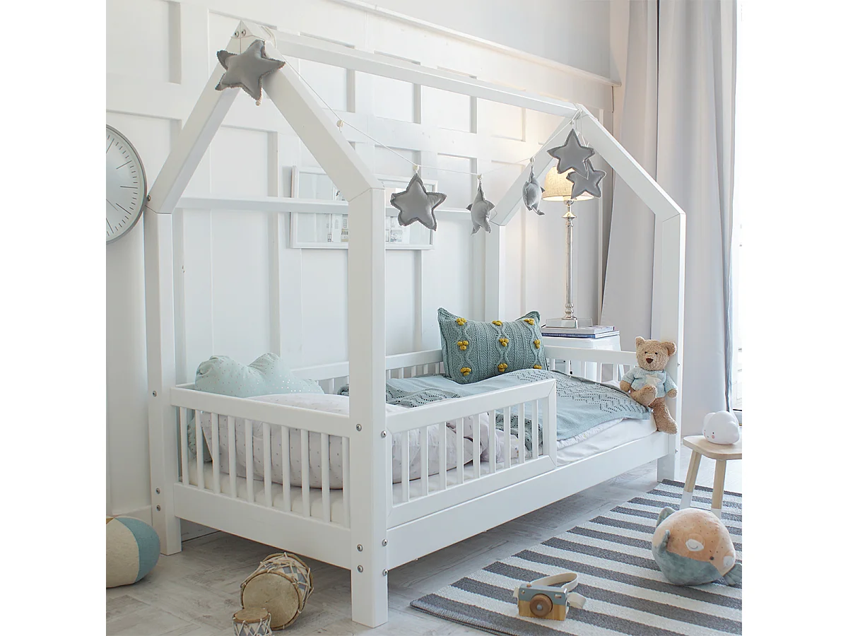 Lit cabane 90x190 barrière et sommier inclus pieds 10 cm Sofia Blanc