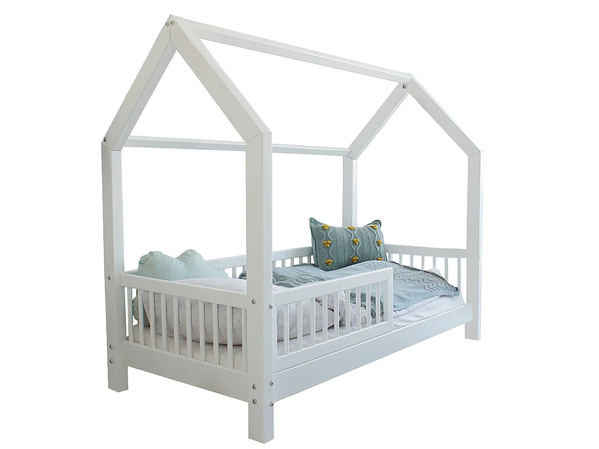 Lit cabane 90x190 barrière et sommier inclus pieds 10 cm Sofia Blanc