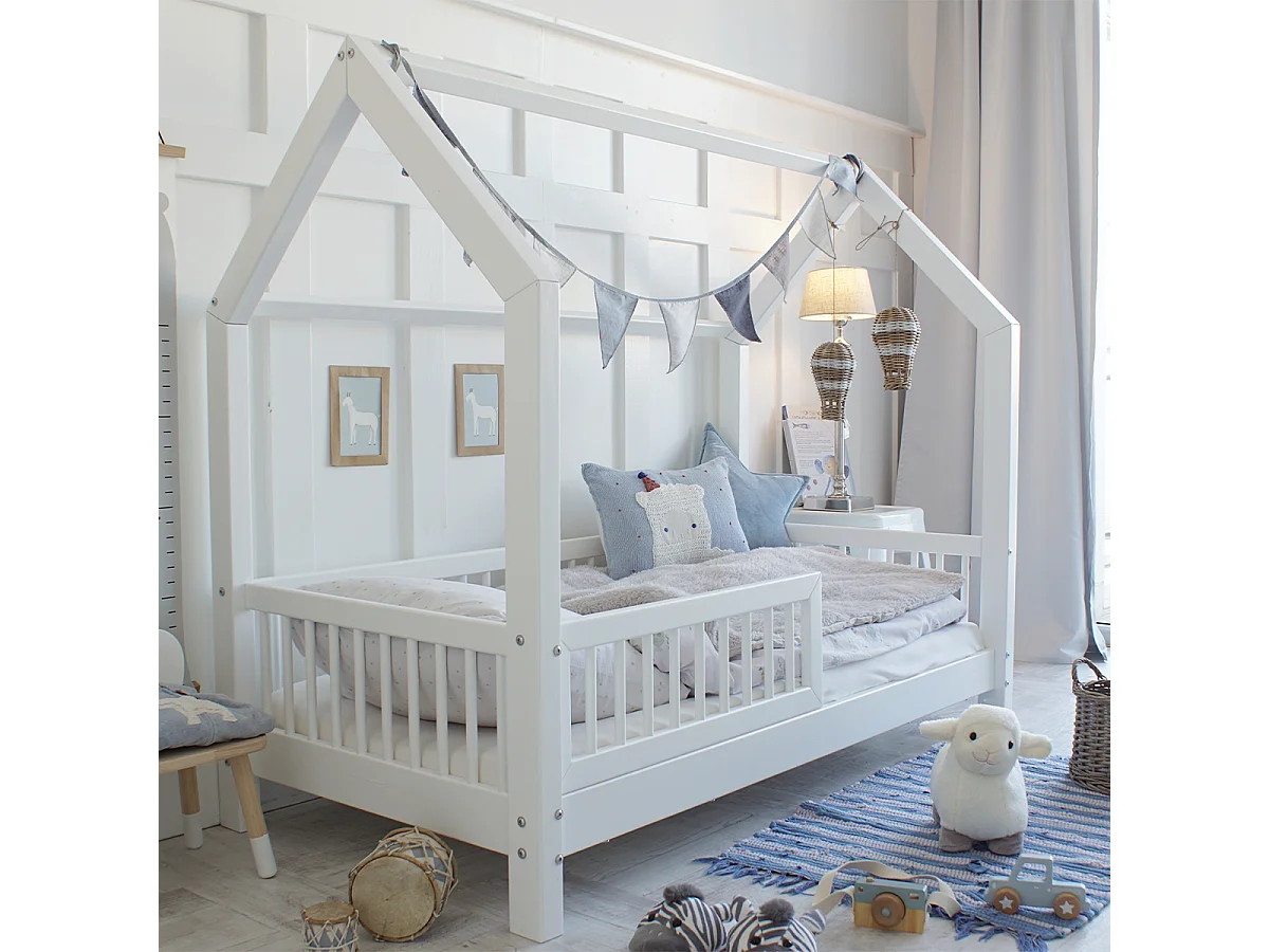 Lit cabane 90x190 barrière et sommier inclus pieds 10 cm Sofia Blanc