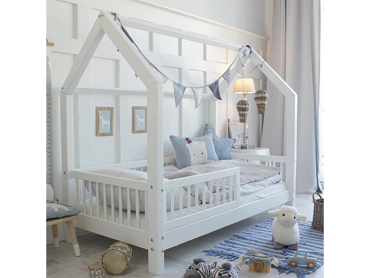 Lit cabane 90x190 barrière et sommier inclus pieds 10 cm Sofia Blanc