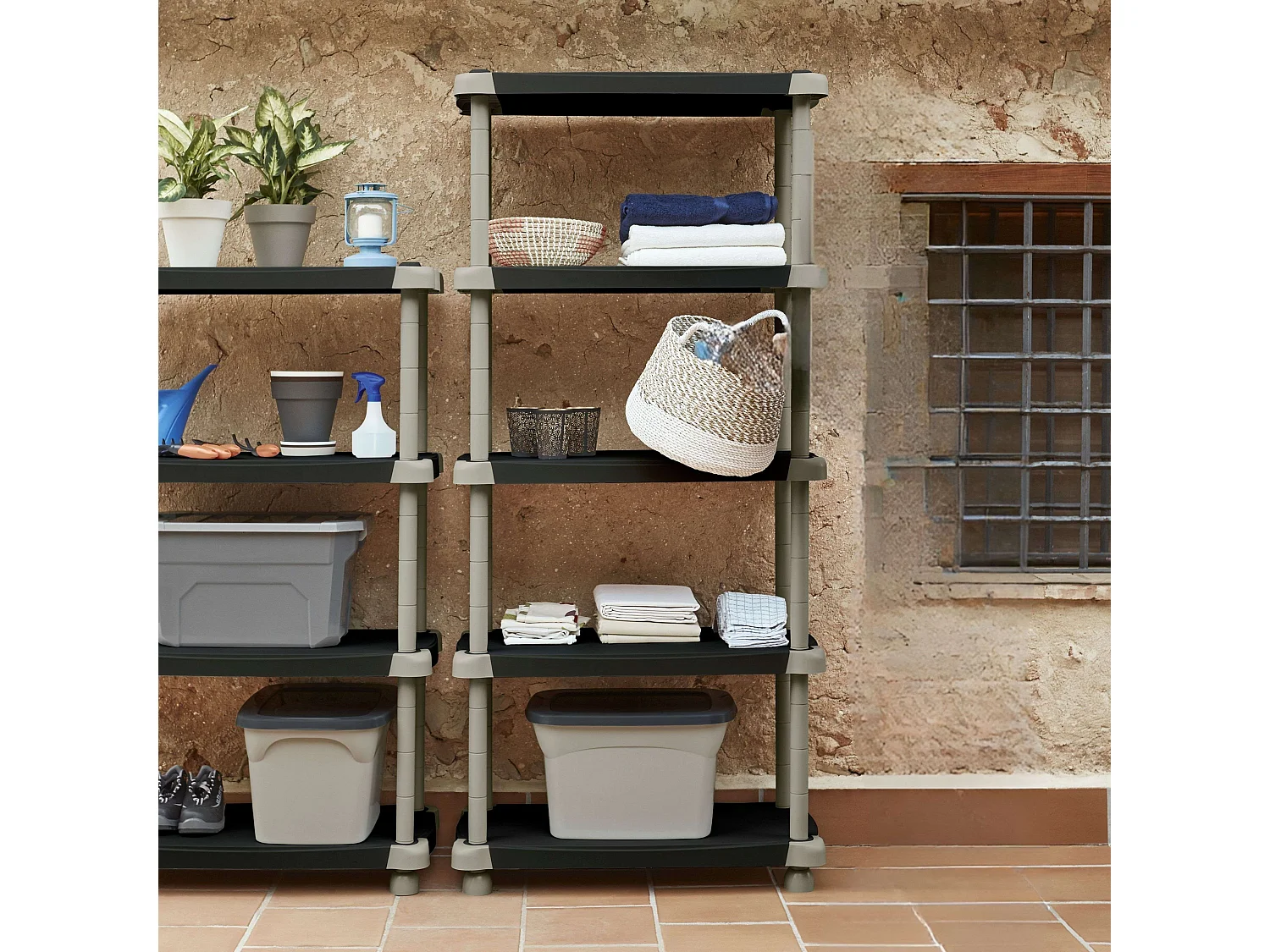 Étagère haute 88 cm 5 plateaux Noir et Taupe