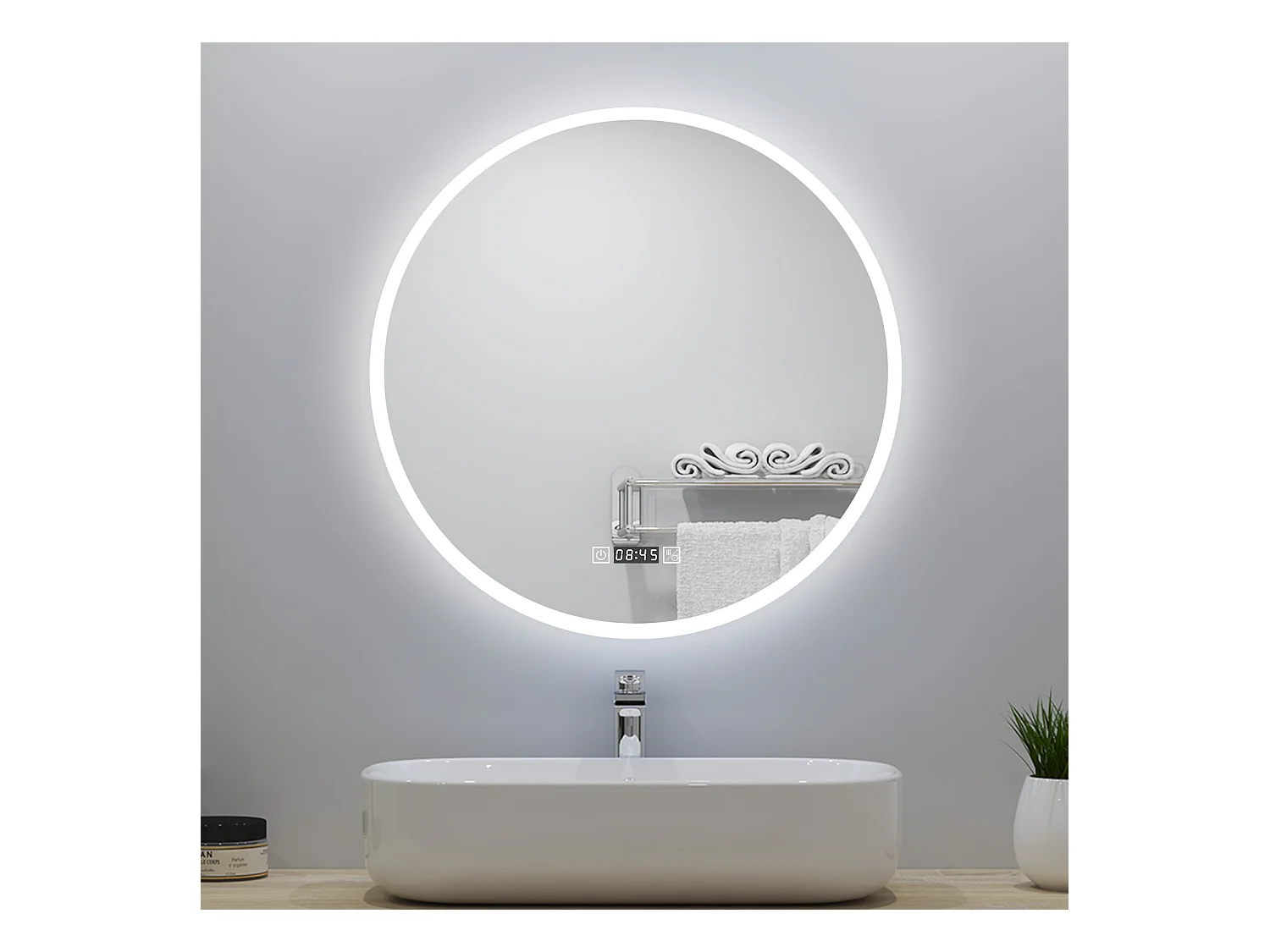 Miroir de salle de bain lumineux Rond 60cm avec Horloge + 3 Couleurs + Dimmable + Anti-buée