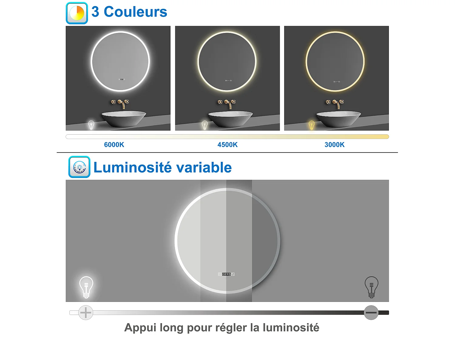 Miroir de salle de bain lumineux Rond 80cm avec Horloge + 3 Couleurs + Dimmable + Anti-buée