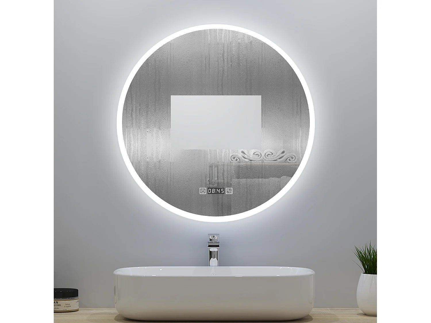 Miroir de salle de bain lumineux Rond 80cm avec Horloge + 3 Couleurs + Dimmable + Anti-buée