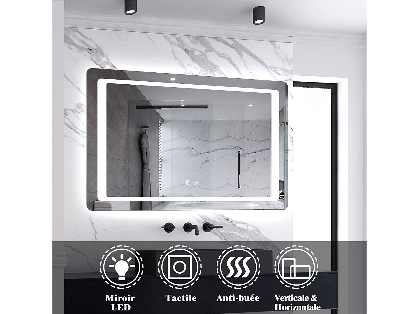 Miroir de salle de bain lumineux l.80 x H.60cm avec Anti-buée, Mural Miroir